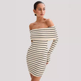 Beach vacation off shoulder striped long sleeved skirt with a single neckline knitted casual short dress